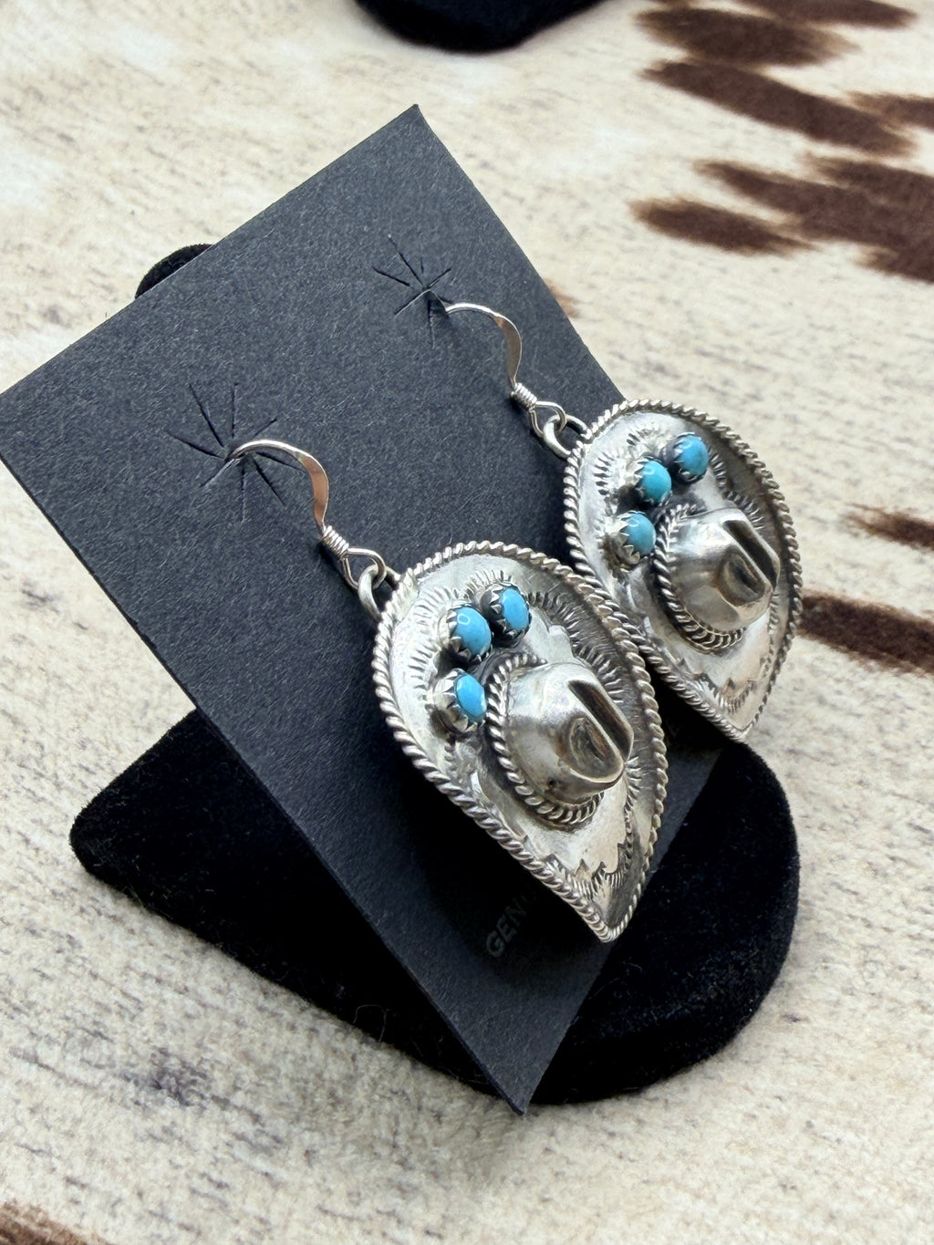 Bobby Platero, Sterling Silver and Turquoise Cowboy Hat Earrings, Native Made