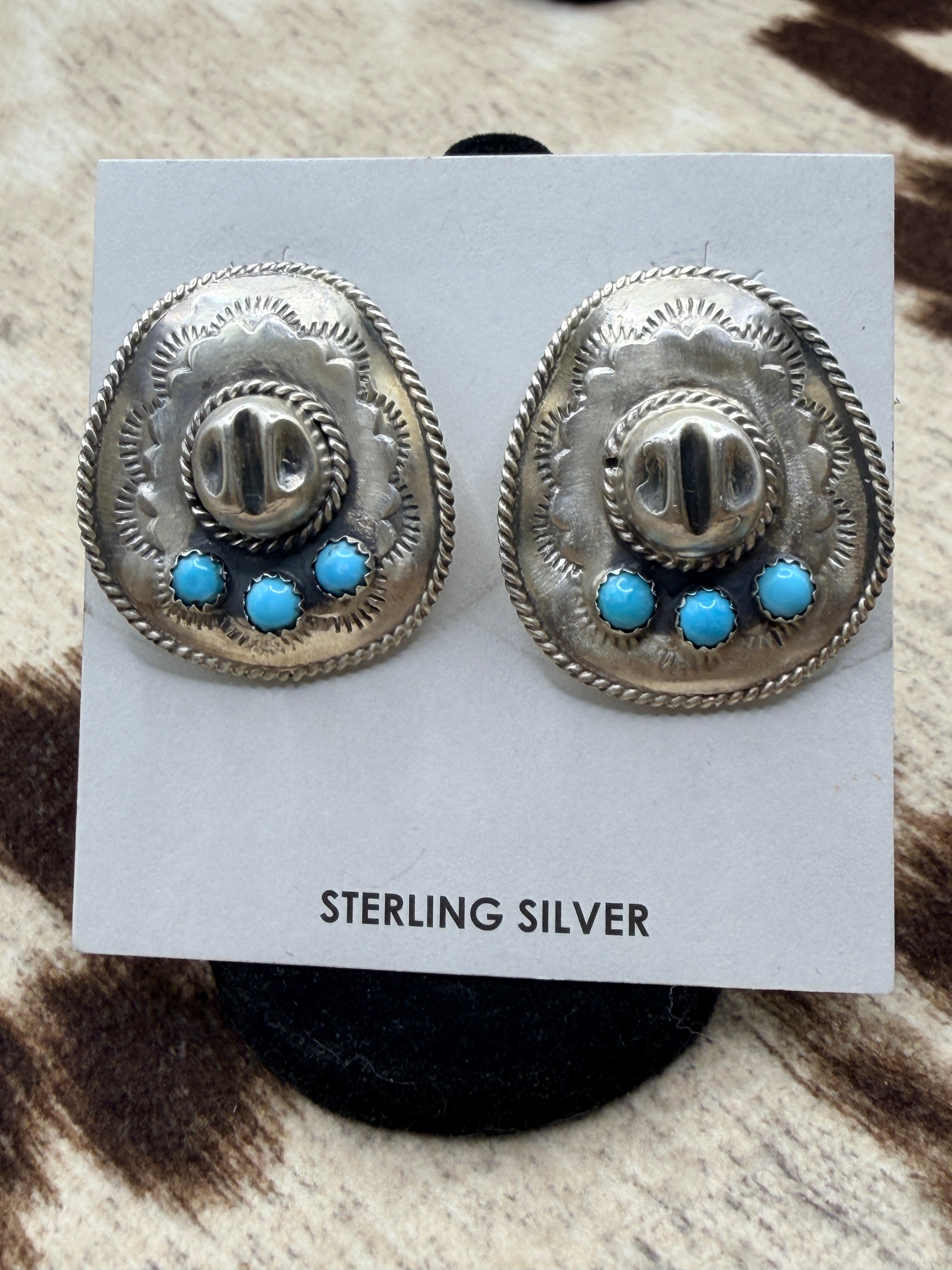 Bobby Platero, Sterling Silver and Turquoise Cowboy Hat Earrings, Native Made