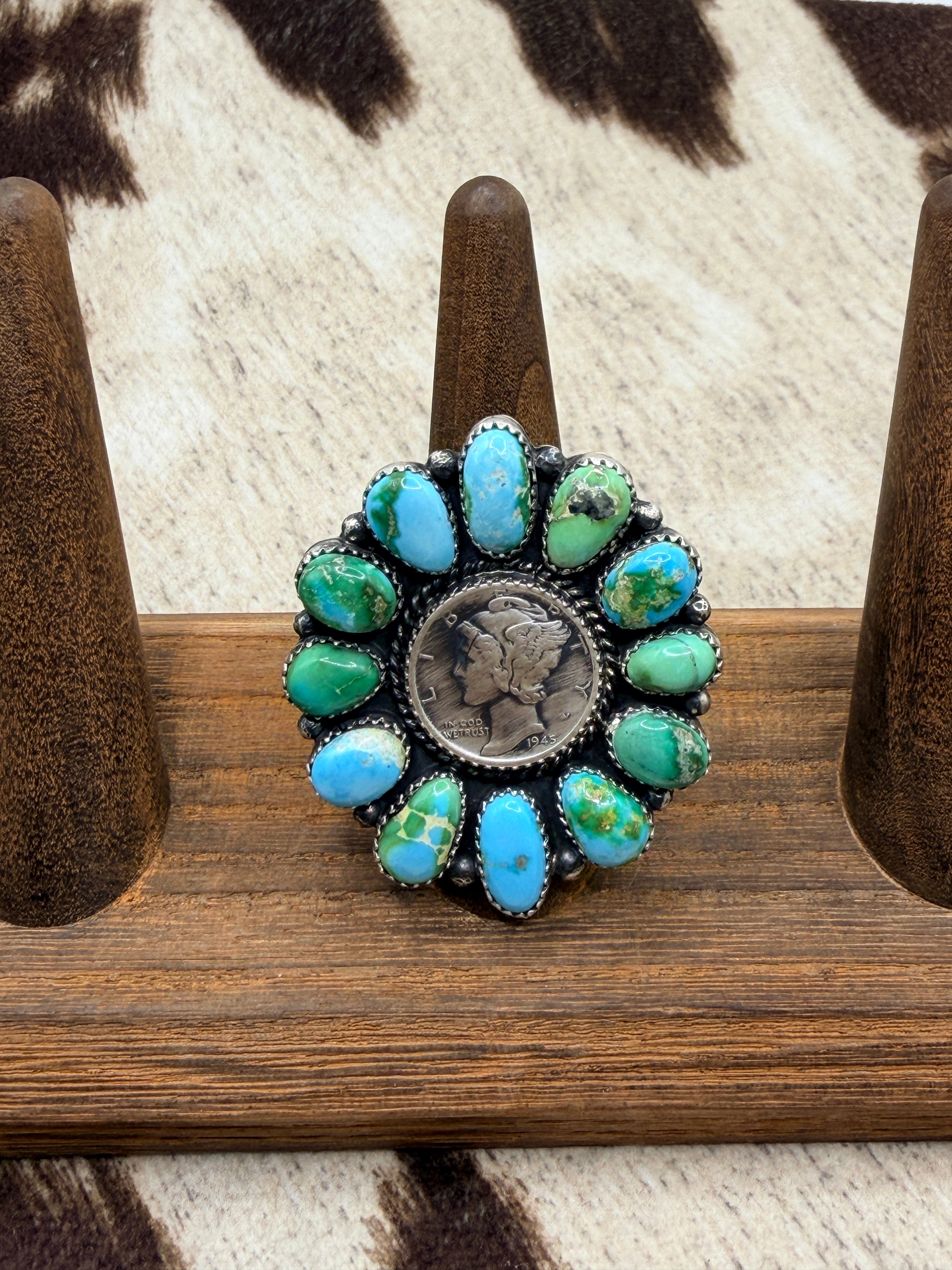 Annie Spencer, Liberty Dime Sonoran Gold Turquoise and Sterling Silver Ring