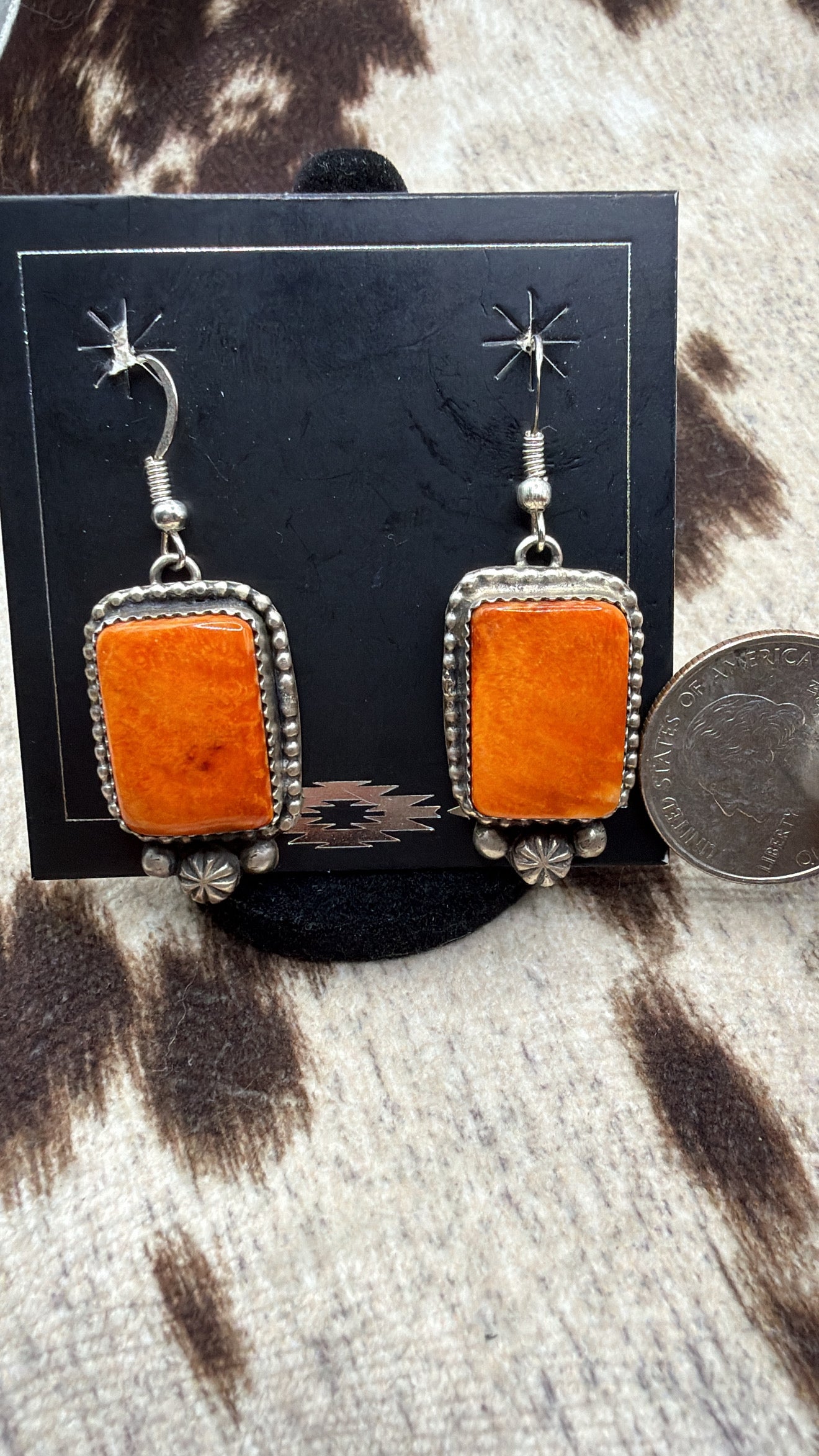Orange Spiny Oyster, Sterling Silver Dangle Earrings, Native Made