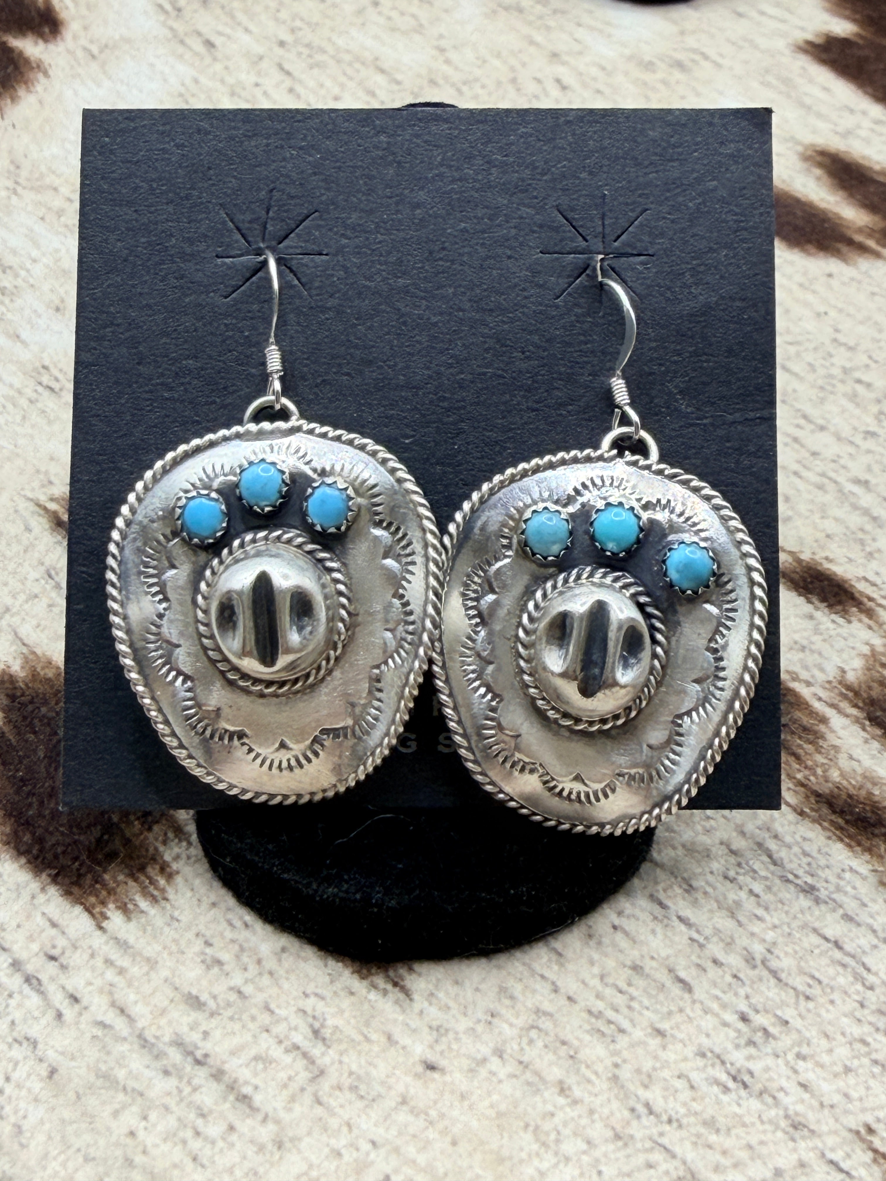 Bobby Platero, Sterling Silver and Turquoise Cowboy Hat Earrings, Native Made