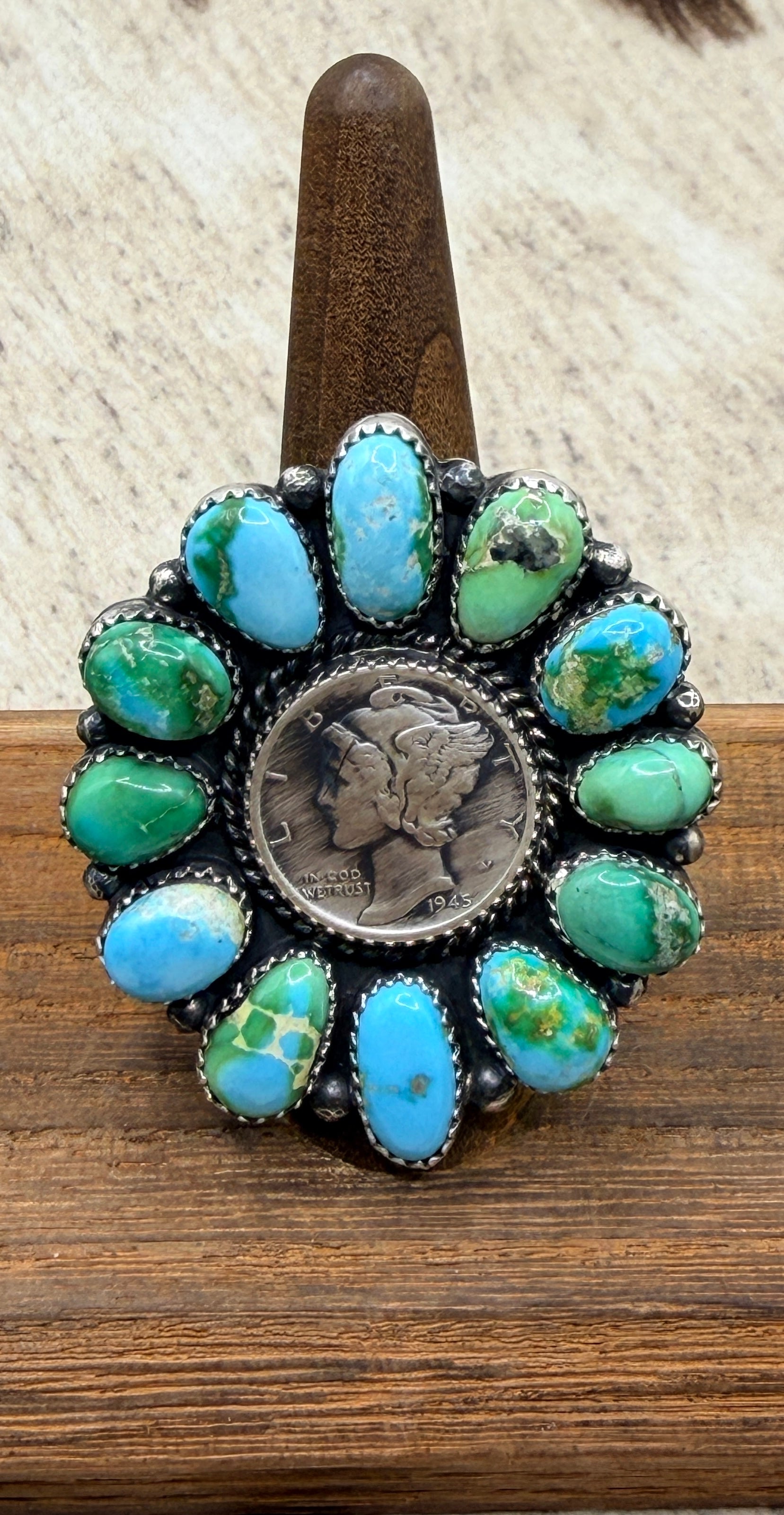 Annie Spencer, Liberty Dime Sonoran Gold Turquoise and Sterling Silver Ring