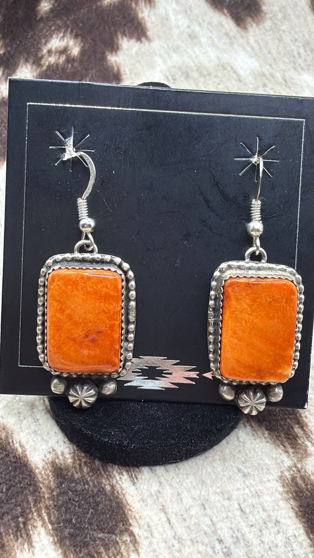 Orange Spiny Oyster, Sterling Silver Dangle Earrings, Native Made