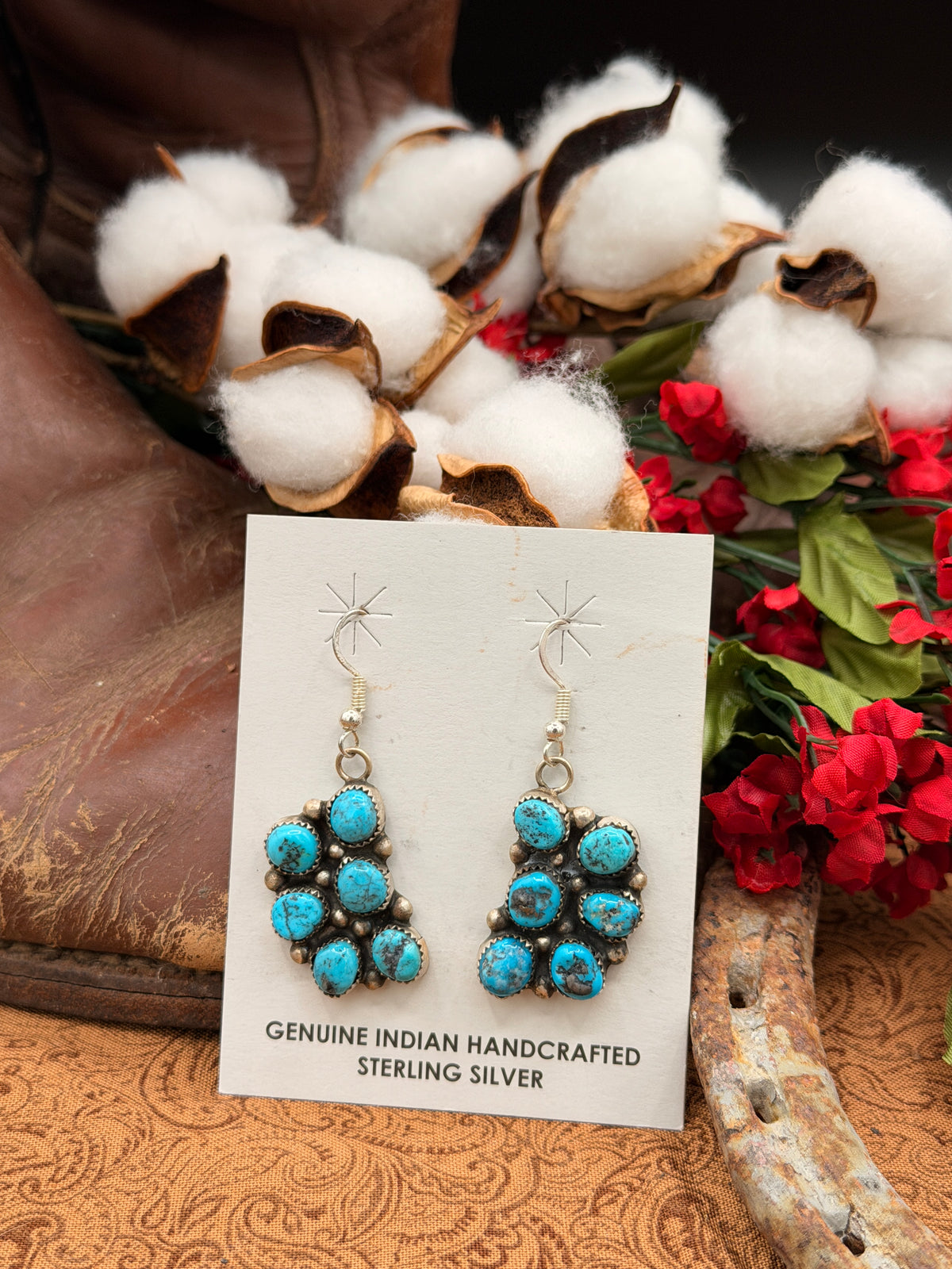 Donovan Nez, Kingman Turquoise Dangle Cluster Earrings, Native Made