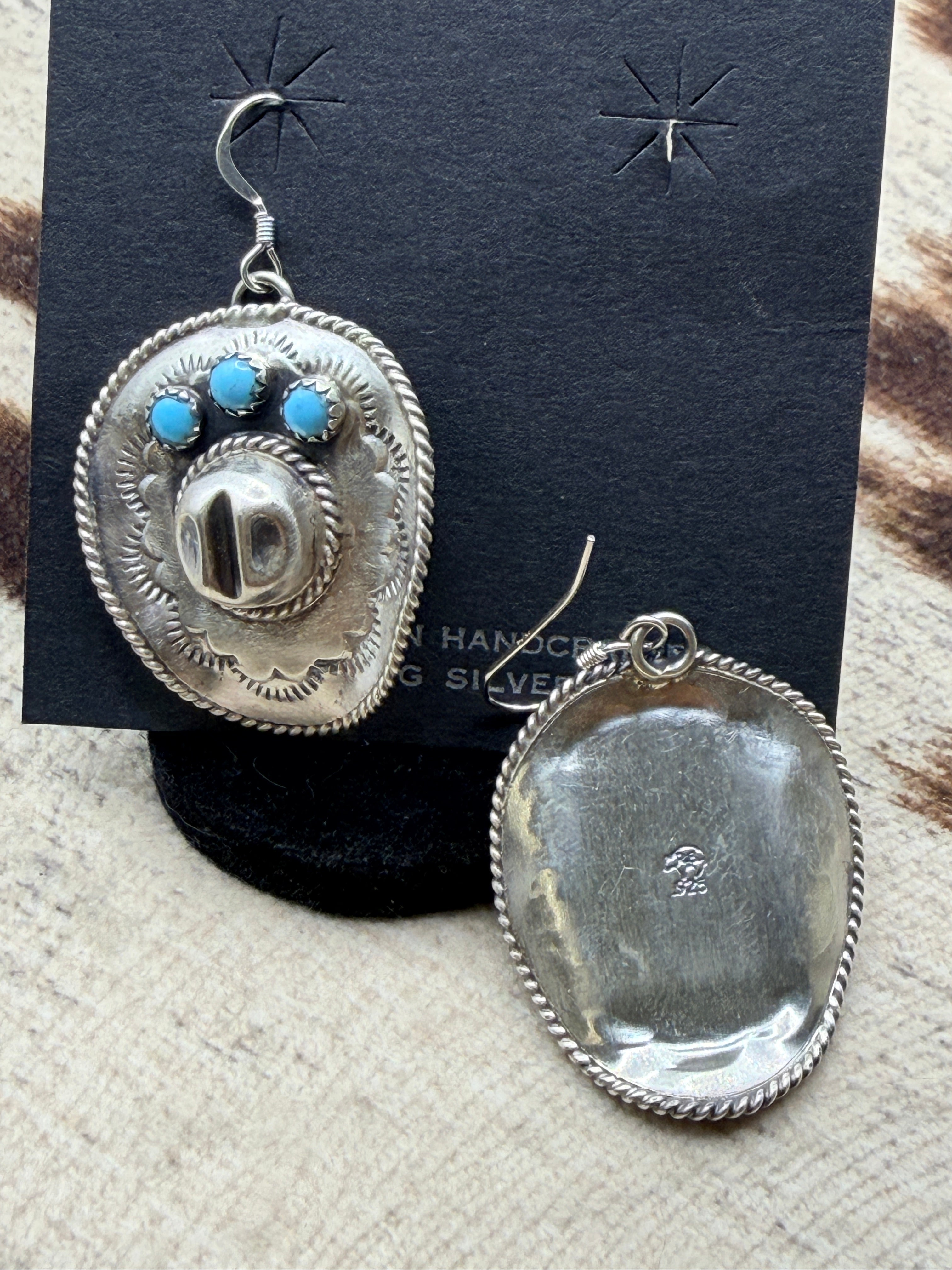 Bobby Platero, Sterling Silver and Turquoise Cowboy Hat Earrings, Native Made