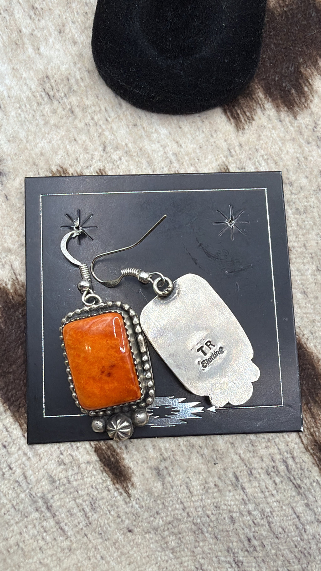 Orange Spiny Oyster, Sterling Silver Dangle Earrings, Native Made