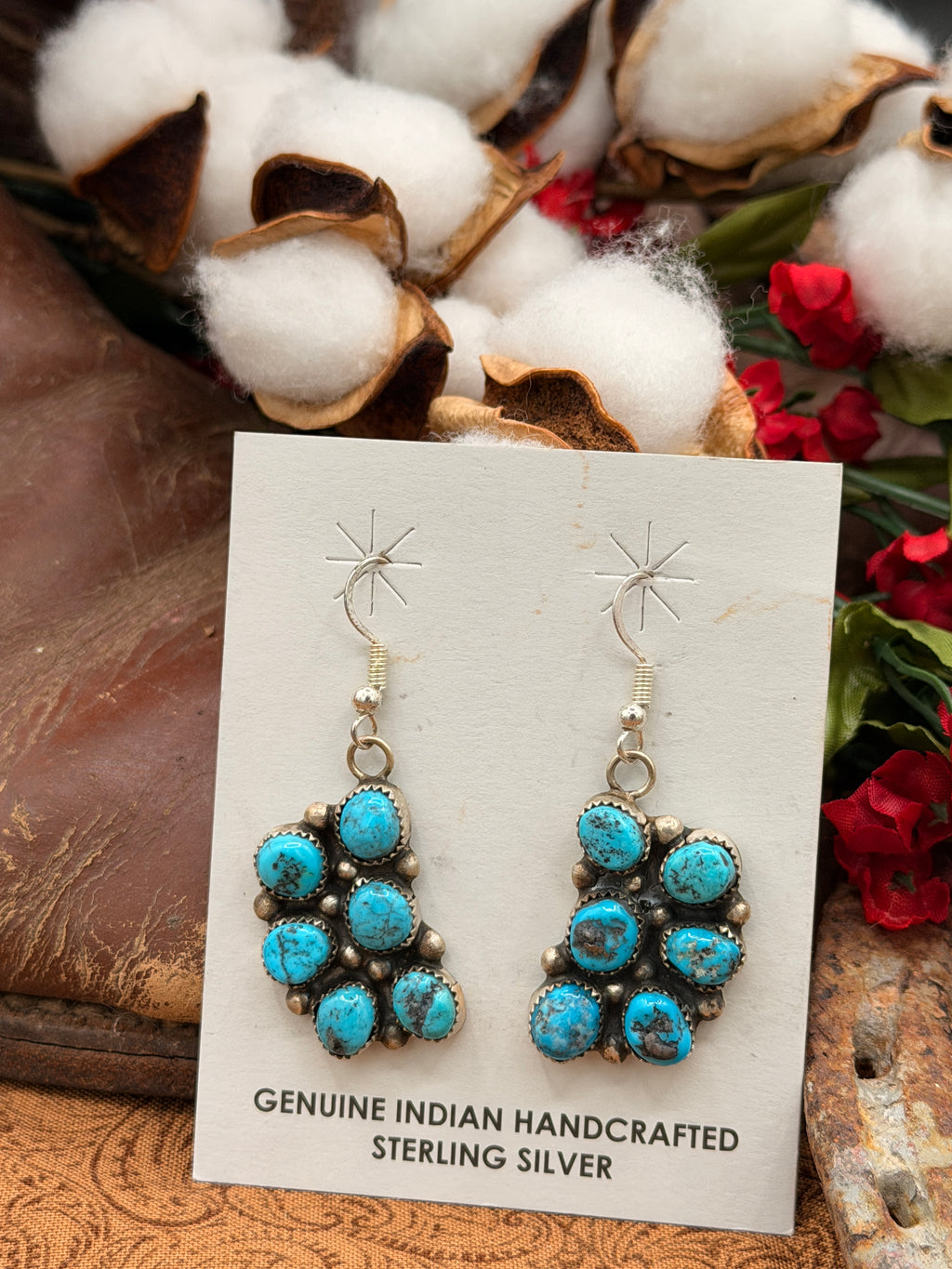 Donovan Nez, Kingman Turquoise Dangle Cluster Earrings, Native Made
